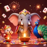 KJC presents a vibrant 3D illustration featuring a Diwali-themed elephant interacting with decorative Chinese elements while gambling excitement unfolds.