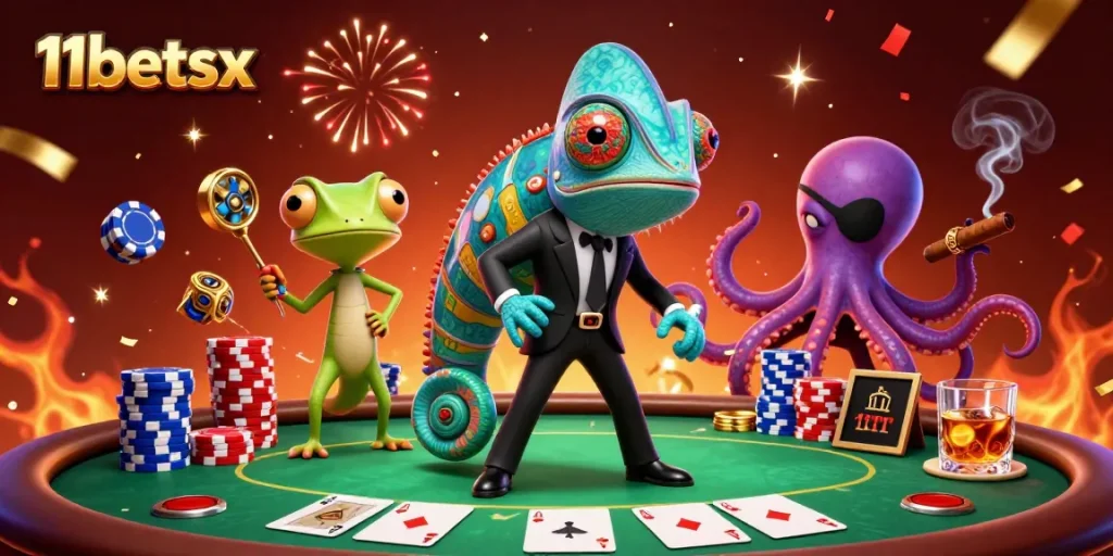 Engage with thrilling gameplay at 11betsx, featuring a vibrant casino scene with colorful poker elements.