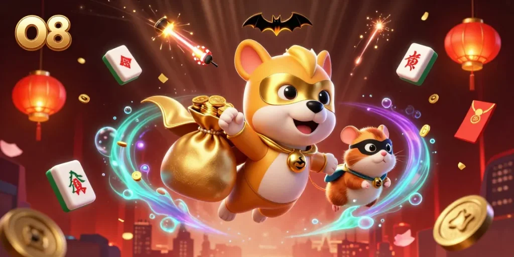 O8 casino superhero dog flies with gold coins, surrounded by vibrant gambling elements.