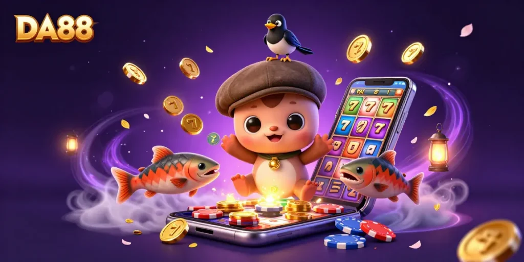 Engaging DA88 depiction with Nessie, a magpie, and vibrant slots gameplay elements.