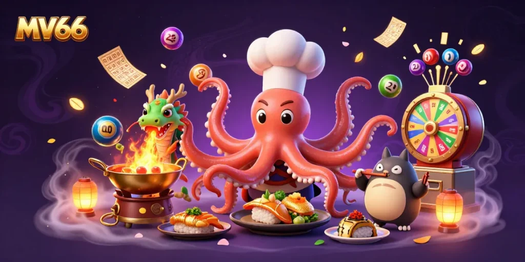 Experience thrilling games at MV66 with vibrant lottery elements and dynamic casino characters.