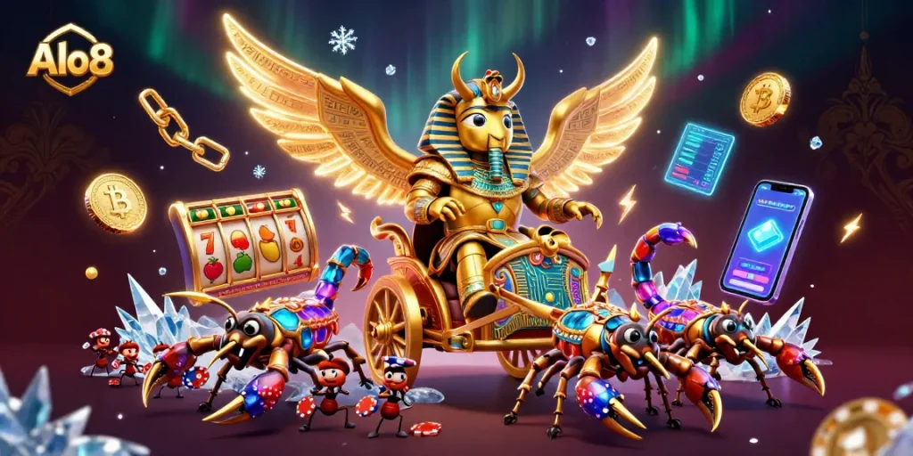 Alo8 offers thrilling slot adventures with vibrant characters and dynamic elements in a stunning casino scene.