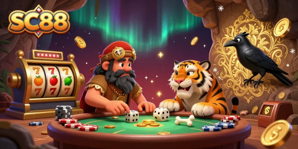Engage with SC88's dynamic casino featuring a caveman and sabertooth tiger amid flying slot reels and coins.