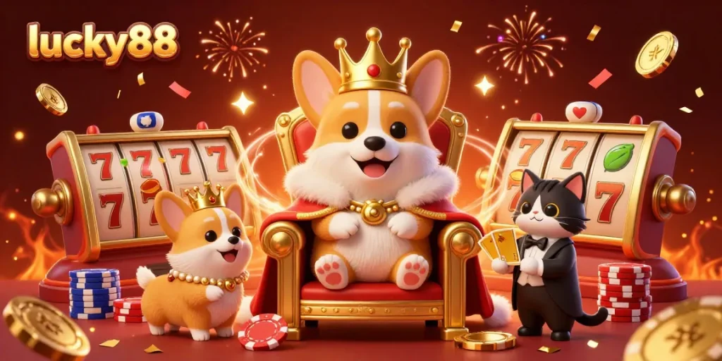 Experience lucky88 with a vibrant scene featuring a royal corgi, poker chips, and dazzling game elements.
