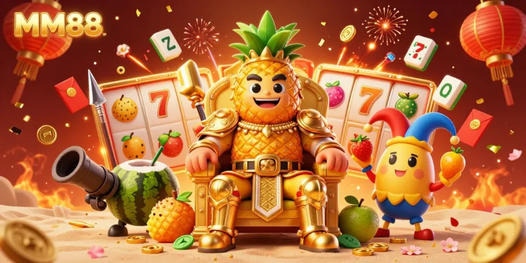 Experience thrilling gameplay with MM88 at a vibrant beach casino featuring fun characters and game elements.