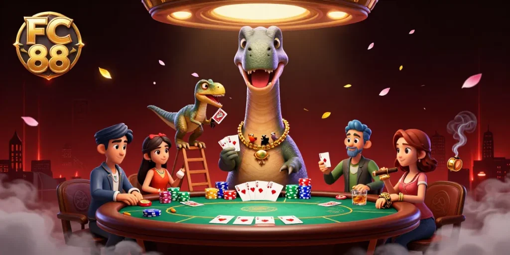 Experience the thrill of poker strategy at FC 88 with a fun 3D casino illustration.