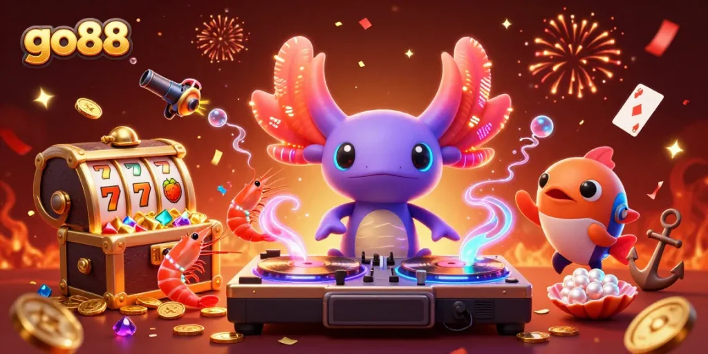Engage with go88's vibrant casino experience featuring neon characters, treasures, and jackpot elements.