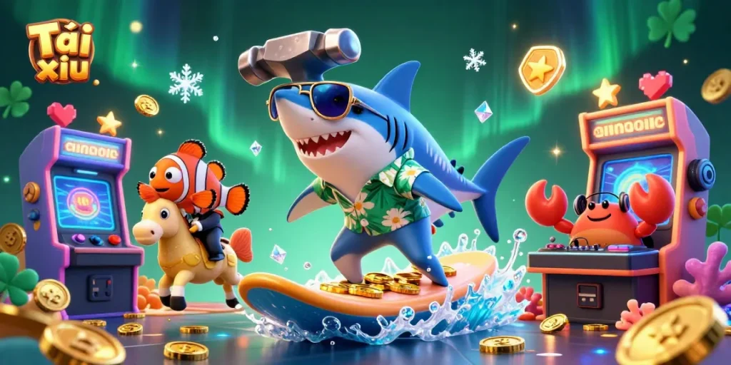 Experience Tài xỉu action with colorful 3D elements and vibrant characters illuminating the scene.