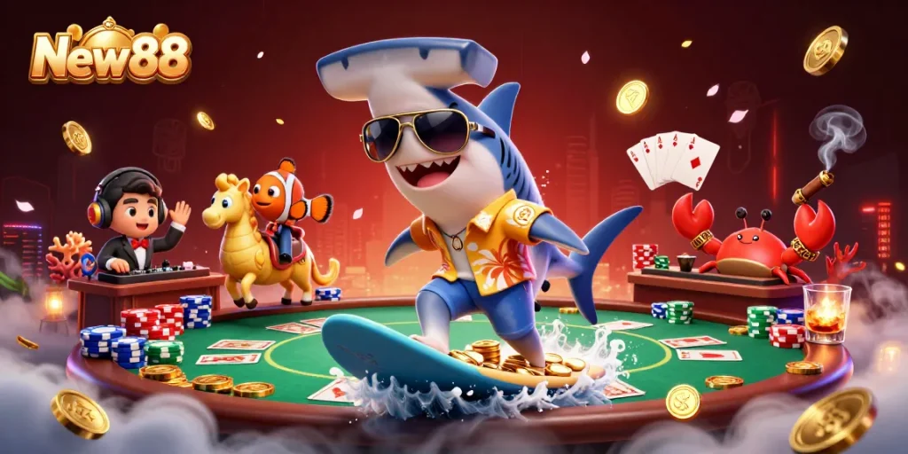 Engage in thrilling gaming with New88’s vibrant 3D casino scene featuring dynamic characters and rich casino elements.
