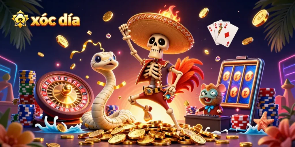 Xóc đĩa gaming scene with a cartoon skeleton rooster dancing on coins, surrounded by casino elements.