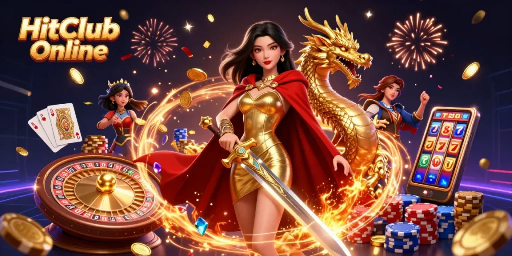Experience thrilling wins at HitClub Online with exciting slots and game elements showcased in a vibrant illustration.