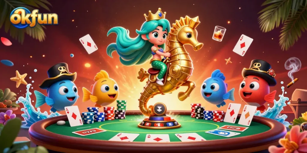 Experience the thrill of okfun as the mermaid princess navigates a vibrant casino scene with poker elements.