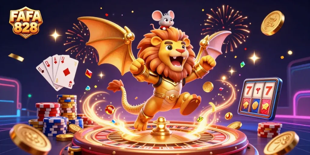 Win big with FAFA 828 as golden coins and gems cascade around the triumphant chimera in a vibrant casino scene.