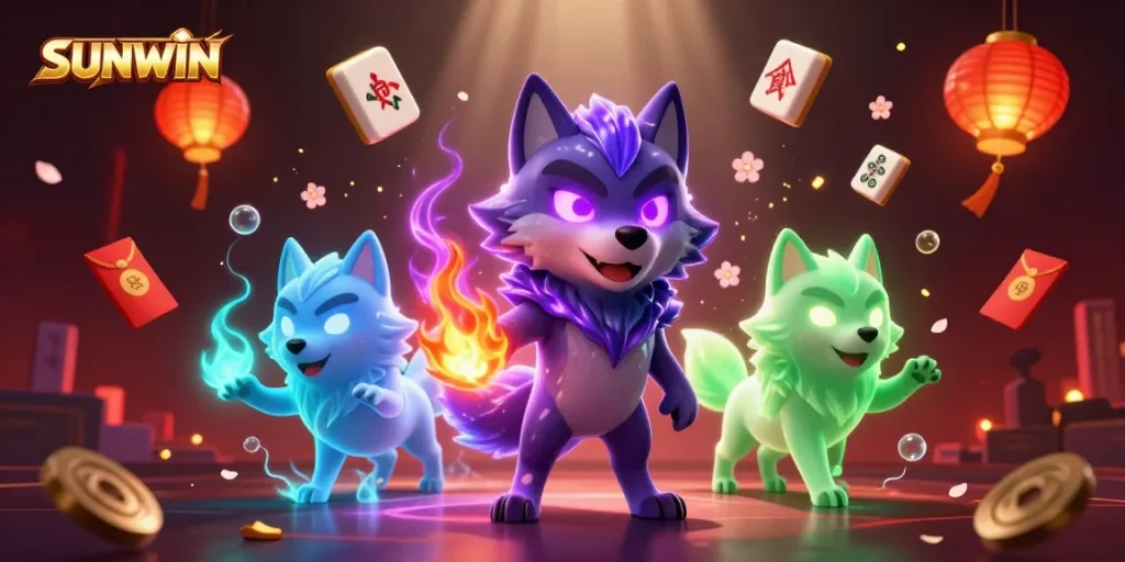 SUNWIN showcases a vibrant online casino atmosphere with animated wolves amid festive game elements.