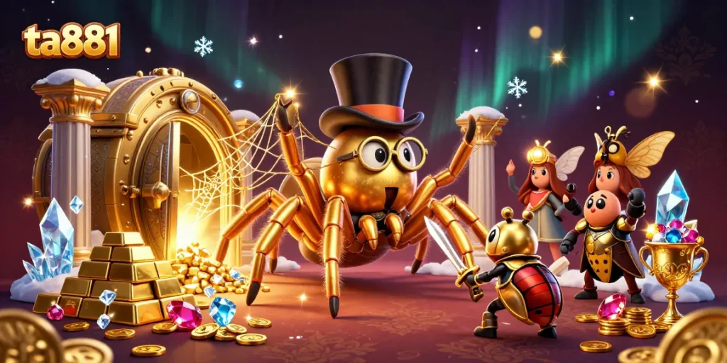 Experience winning at ta881 with a golden tarantula weaving webs of fortune in a dynamic casino scene.
