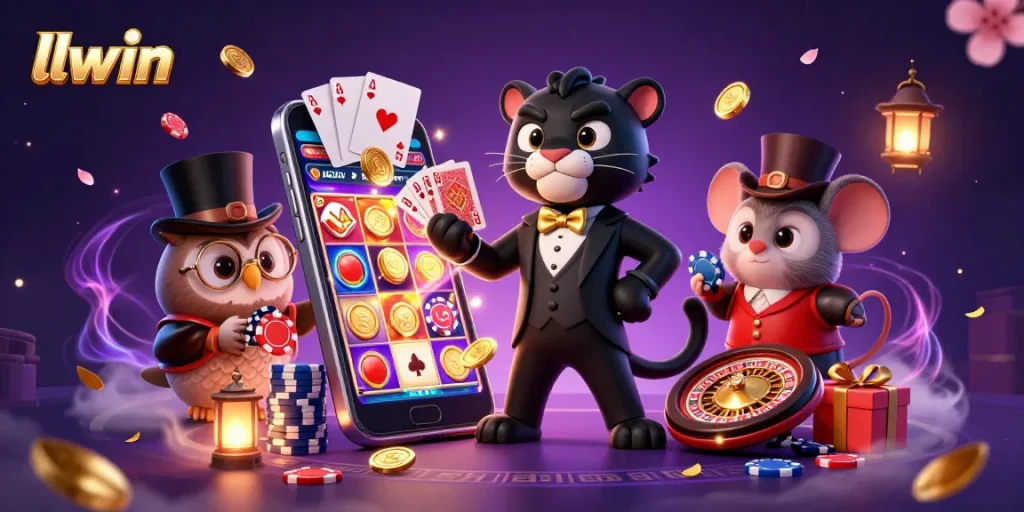 Experience thrilling gaming at llwin with a cartoon panther, owl, and mouse amid vibrant casino elements.