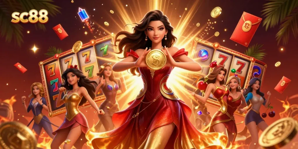 Engage with exciting casino games at sc88, featuring a stunning Asian woman celebrating a jackpot with golden coins.