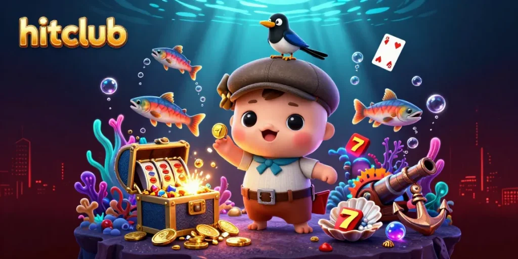hitclub's 3D cartoon scene showcases playful Nessie with gold treasures, slot machines, and vibrant underwater elements.