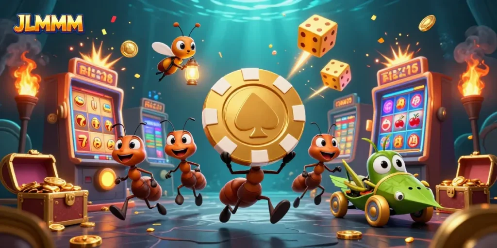 JLMMM gaming adventure with cartoon ants stealing a giant poker chip amidst exploding slot machine jackpots