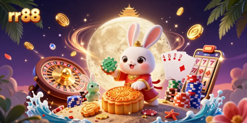 Experience thrilling gaming adventures with rr 88 at a vibrant 3D casino scene featuring playful elements.