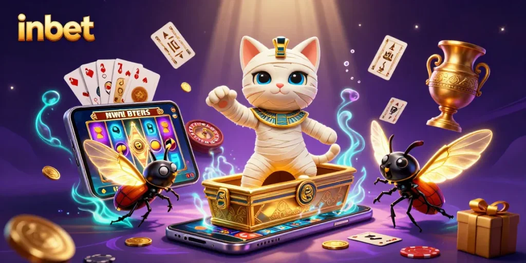 Experience the thrilling inbet slots with a vibrant 3D casino scene featuring a mummy cat and golden treasures.