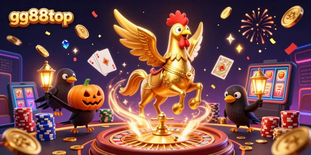 Experience exciting gameplay with gg88top's vibrant casino scene featuring golden rooster characters.