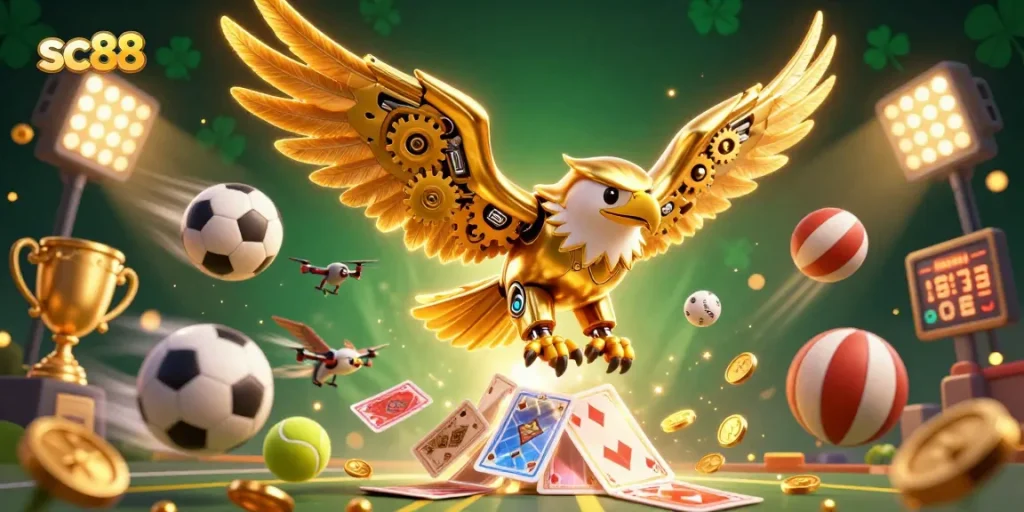 Experience thrilling action with SC88's cybernetic eagle diving amid dynamic casino game elements.
