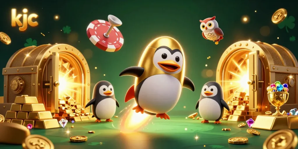 Experience the thrilling adventure in a KJC casino universe as a rocket-powered penguin blasts off into a golden jackpot galaxy.