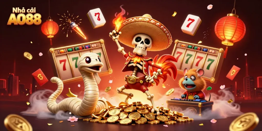 Vibrant illustration showcasing Nhà cái AO88 with a skeleton mariachi rooster, mummy snake, and zombie DJ amid slot reels and festive décor.