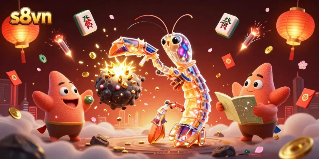 s8vn presents dynamic 3D illustration of a galactic mantis shrimp interacting with casino elements amidst a cosmic backdrop.