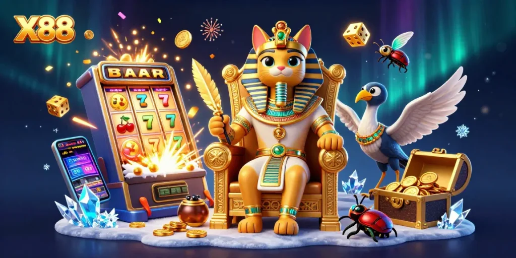 X88 features a pharaoh cat and an ibis beside a slot machine celebrating big wins in a vibrant casino scene.