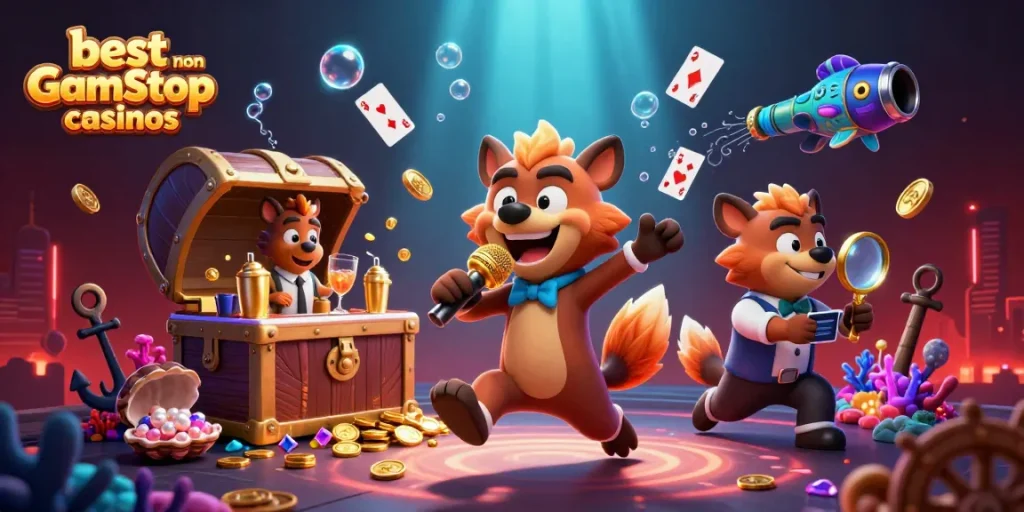 Engage with the best non GamStop casinos featuring lively characters in a casino setting with vibrant gaming elements.