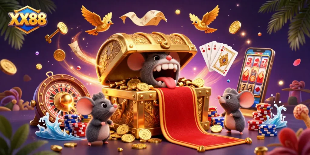 Experience the thrilling XX88 casino atmosphere with adventure and wealth in a dynamic gaming scene.