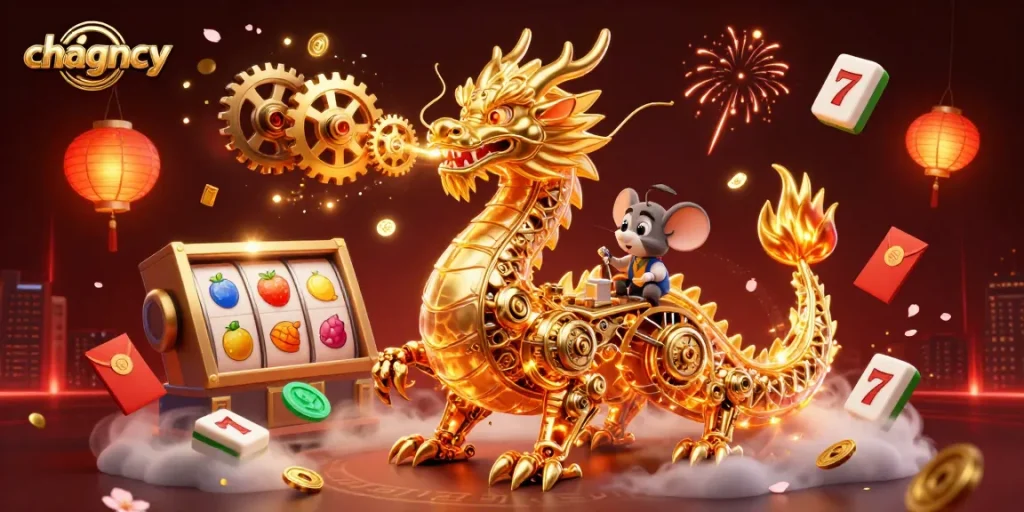 Experience thrilling action with chagency's vibrant golden dragon and slot elements in this dynamic casino scene.