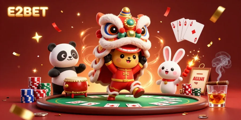 E2BET celebrates wins with a vibrant 3D illustration of a lion dance, poker chips, and dynamic casino elements.