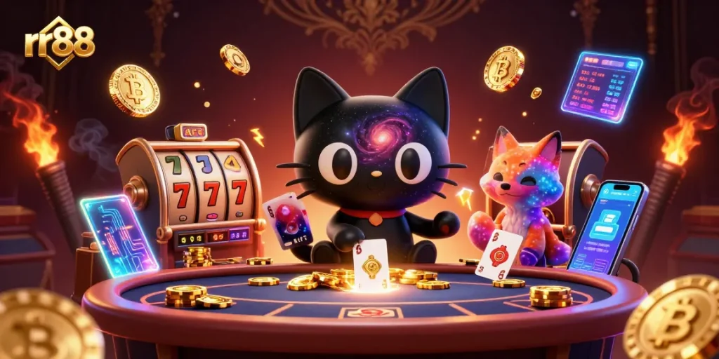 Engage in thrilling rr88 gameplay with a captivating cosmic casino scene featuring unique characters and vibrant elements.