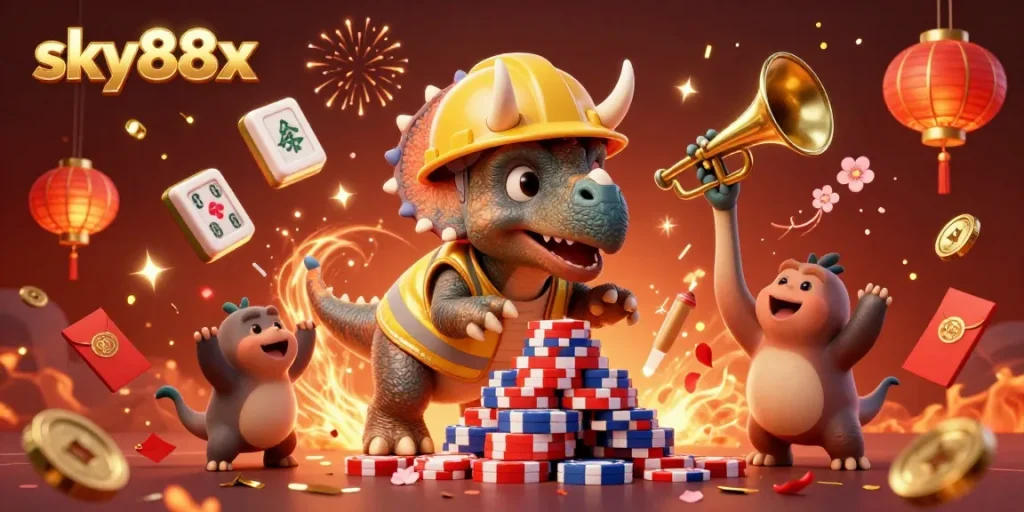 Sky88x showcases a vibrant 3D casino scene featuring cartoon dinosaurs building poker chips.