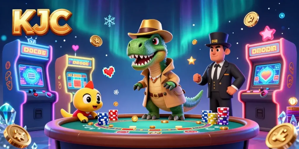 KJC's exciting 3D casino scene features a velociraptor disguised at a blackjack table, capturing engaging casino action.