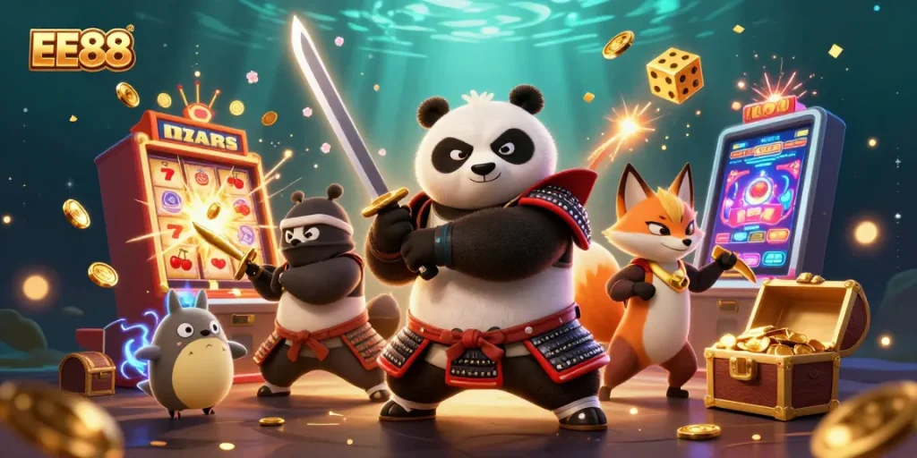 Experience the excitement of EE88 with a vibrant 3D illustration showcasing thrilling casino elements and engaging characters.