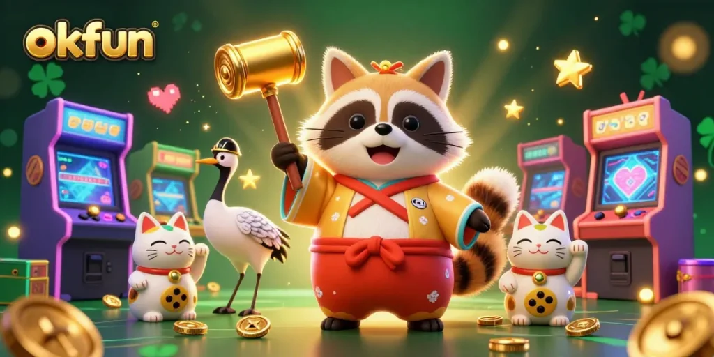 Experience engaging gameplay at okfun with colorful 3D arcade elements and lucky fortune characters.