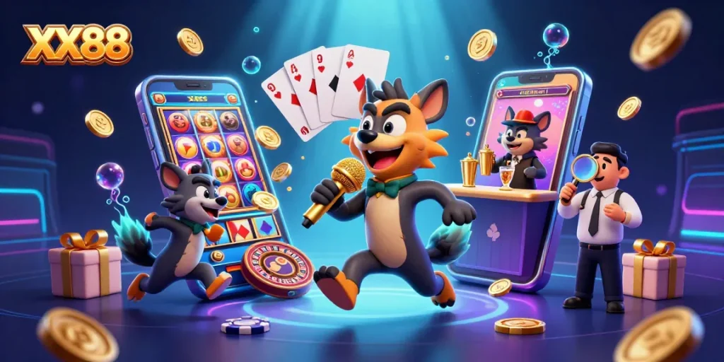 Join the fun at XX88 with lively hyenas running a comedy casino, mixing drinks, and checking IDs.
