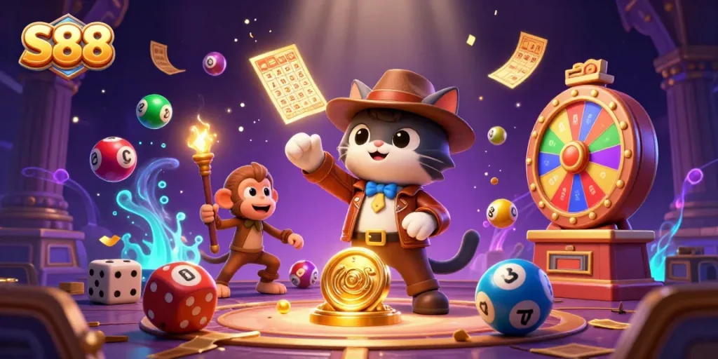Engage in thrilling S88 gameplay with a lively illustrated scene of a treasure-hunting cat in a casino temple.