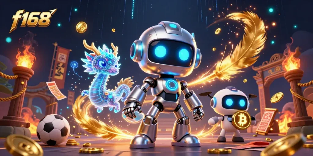 Engage in thrilling sports betting adventures with f168, featuring vibrant casino elements and characters.
