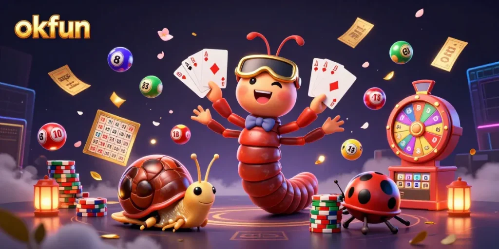 Experience the thrill of okfun casino with a vibrant 3D illustration showcasing exciting game elements.