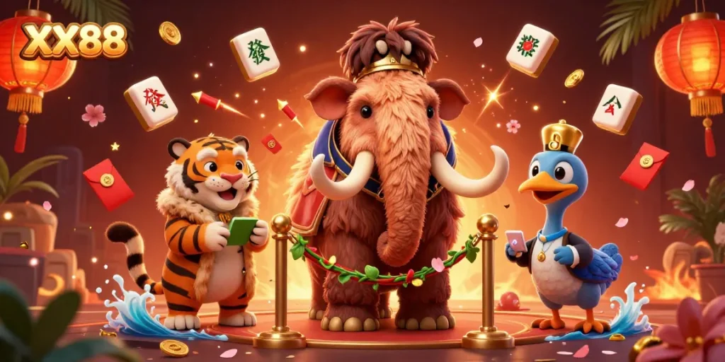 Experience the vibrant world of XX88's casino through dynamic and engaging characters at the entrance.