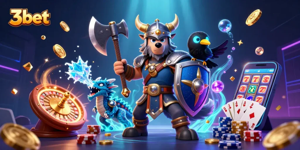 Engage with 3bet's thrilling world, showcasing Viking warriors, dragons, and casino excitement.