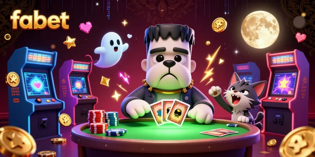 Deal cards at a spooky table in fabet's thrilling casino with unique characters.