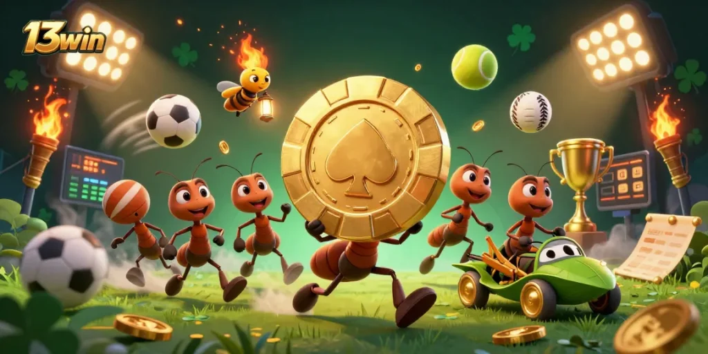 Experience the excitement of 13win with a vibrant heist scene featuring animated ants and sports elements.