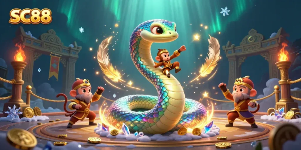 Engage with SC88 in an enchanting casino scene with a rainbow serpent, a monkey king, and vibrant gambling elements.