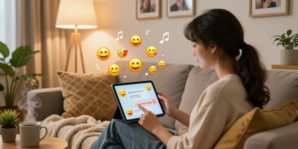 Engaging in a spicy chat with an AI companion in a cozy home setting.